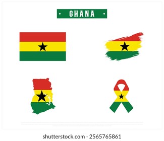 Editable vector design of the Flag of GHANA, Brush style flag of GHANA, Ribbon flag of GHANA, and Map of GHANA with flag in it on a white background, Independence Day