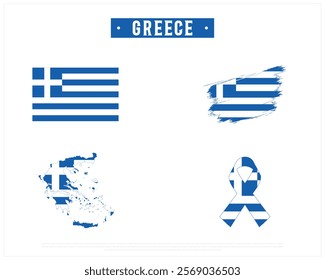 Editable vector design of the Flag of GREECE, Brush style flag of GREECE, Ribbon flag of GREECE, and Map of GREECE with flag in it on a white background, Independence Day