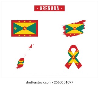 Editable vector design of the Flag of GRENADA, Brush style flag of GRENADA, Ribbon flag of GRENADA, and Map of GRENADA with flag in it on a white background, Independence Day