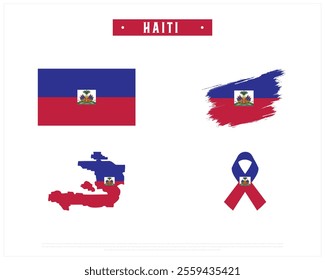 Editable vector design of the Flag of HAITI, Brush style flag of HAITI, Ribbon flag of HAITI, and Map of HAITI with flag in it on a white background, Independence day, National Day design