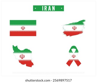 Editable vector design of the Flag of IRAN, Brush style flag of IRAN, Ribbon flag of IRAN, and Map of IRAN with flag in it on a white background, Independence Day