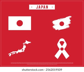 Editable vector design of the Flag of JAPAN, Brush style flag of JAPAN, Ribbon flag of JAPAN, and Map of JAPAN with flag in it on a white background, Foundation Day