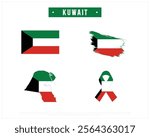 Editable vector design of the Flag of KUWAIT, Brush style flag of KUWAIT, Ribbon flag of KUWAIT, and Map of KUWAIT with flag in it on a white background, National Day