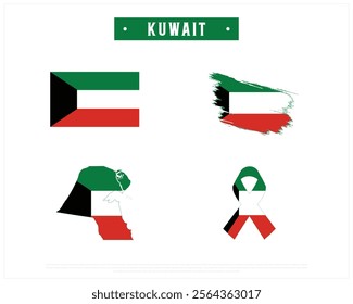 Editable vector design of the Flag of KUWAIT, Brush style flag of KUWAIT, Ribbon flag of KUWAIT, and Map of KUWAIT with flag in it on a white background, National Day