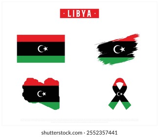 Editable vector design of the Flag of LIBYA, Brush style flag of LIBYA, Ribbon flag of LIBYA, and Map of LIBYA with flag in it on a white background