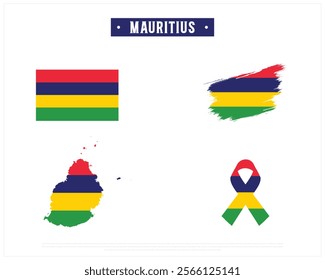 Editable vector design of the Flag of MAURITIUS, Brush style flag of MAURITIUS, Ribbon flag of MAURITIUS, and Map of MAURITIUS with flag in it on a white background, Independence Day