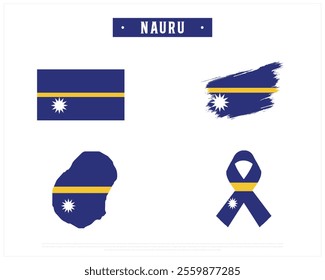 Editable vector design of the Flag of NAURU, Brush style flag of NAURU, Ribbon flag of NAURU, and Map of NAURU with flag in it on a white background, Independence day