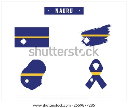 Editable vector design of the Flag of NAURU, Brush style flag of NAURU, Ribbon flag of NAURU, and Map of NAURU with flag in it on a white background, Independence day