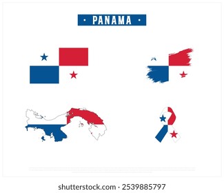 Editable vector design of the Flag of Panama, Brush style flag of Panama, Ribbon flag of Panama, and Map of Panama with flag in it on a white background, National day