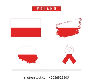 Editable vector design of the Flag of Poland, Brush style flag of Poland, Ribbon flag of Poland, and Map of Poland with flag in it on a white background, National day