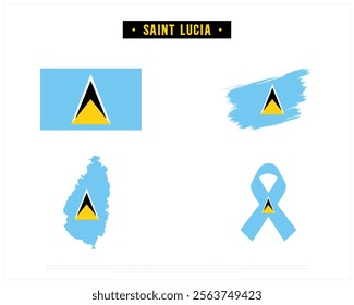 Editable vector design of the Flag of SAINT LUCIA, Brush style flag of SAINT LUCIA, Ribbon flag of SAINT LUCIA, and Map of SAINT LUCIA with flag in it on a white background, Independence Day