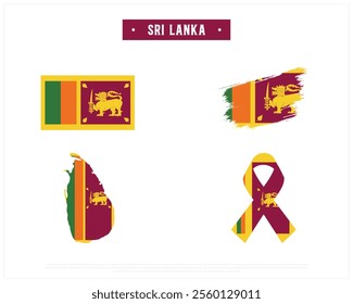 Editable vector design of the Flag of SRI LANKA, Brush style flag of SRI LANKA, Ribbon flag of SRI LANKA, and Map of SRI LANKA with flag in it on a white background, Independence Day
