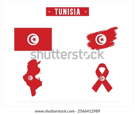 Editable vector design of the Flag of TUNISIA, Brush style flag of TUNISIA, Ribbon flag of TUNISIA, and Map of TUNISIA with flag in it on a white background, Independence Day