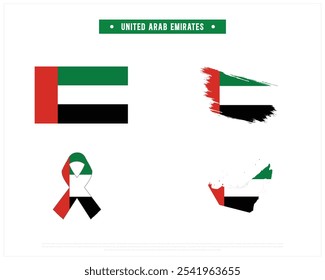 Editable vector design of the Flag of UAE, Brush style flag of UAE, Ribbon flag of UAE, and Map of UAE with flag in it on a white background, National day, United Arab Emirates