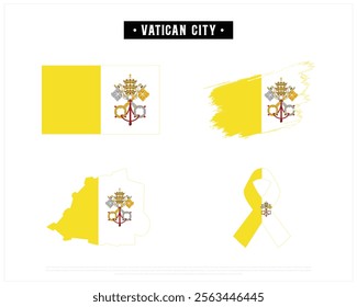 Editable vector design of the Flag of VATICAN CITY, Brush style flag of VATICAN CITY, Ribbon flag of VATICAN CITY, and Map of VATICAN CITY with flag in it on a white background, Independence Day