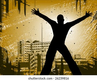 Editable vector design of a man in a city with grunge