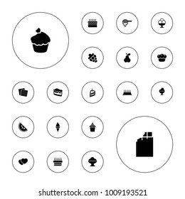 Editable vector dessert icons: honey, cookies, grape, chocolate, ice cream, cake, piece of cake, ice cream in can, muffin, pie, watermelon on white background.