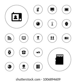 Editable vector device icons: signal tower, vice clamp, heart rate watch, heartbeat, wi-fi, tablet, display, server, no charge, desk phone, camera on white background.