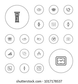 Editable vector dial icons: wrist watch, call, desk phone, clock, control panel, wall clock, sundial, pendulum on white background.