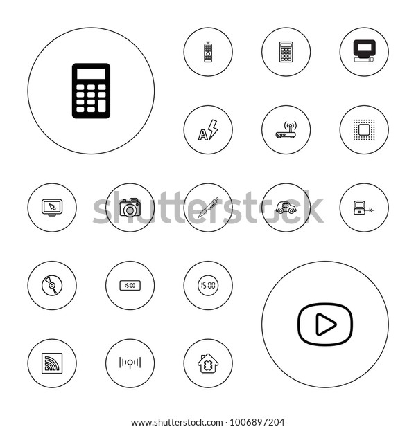Editable vector digital icons:\
calculator, laptop connection, cpu in house, cpu in car, display\
pointer, cd, wi-fi, auto flash, signal, chip on white\
background.