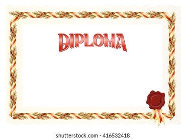 Editable vector diploma certificate, international paper size, editable colors Golden red diploma gold ribbon seal of approval