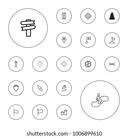 Editable vector direction icons: arrow up, flag, move, location, compass, direction, route and phone, curved arrow, wrench, pointer, arrow bow on white background.