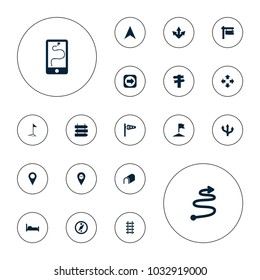 Editable vector direction icons: direction   isolated, wind cone, move, bed, arrow, navigation arrow, location, flag, tunnel, route and phone, compass on white background.