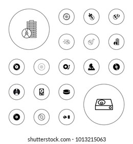 Editable vector disc icons: disc, dj, cd, gramophone, hockey puck on white background.