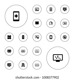 Editable vector display icons: no laptop, laptop, hand on smartphone, tv, calculator, digital clock, holding document on white background.