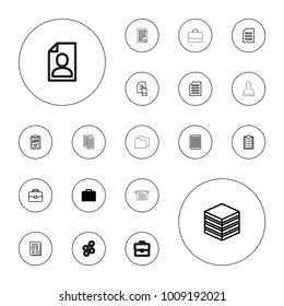 Editable vector document icons: case, pointing on document, checklist, news, clipboard, document, archive, paper, stamp, resume, share on white background.