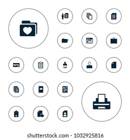 Editable vector document icons: resume, paper, folder with heart, man and document, browser, clipboard, folder, case, printer, paper clamp, stamp, notepad on white background.