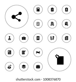 Editable vector document icons: stamp, resume, case, checklist, share, clipboard, document, archive, notebook, diploma, printer, manuscript, paper on white background.