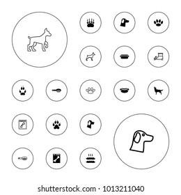 Editable vector dog icons: wolf, animal paw, hair brush, paw, sausage, hot dog, dog, fast food cart on white background.