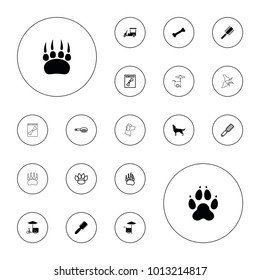 Editable vector dog icons: wolf, hair brush, animal paw, paw, x ray, bone, fast food cart on white background.