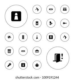 Editable vector door icons: house building, bell, male wc, nail gun, shop, garage, key, bell, open, close, door warning, jalousie, man wc on white background.