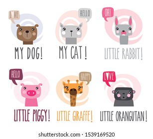 Editable vector. Drawing of friendly animals. Nice and modern animals for congratulations, stickers or invitations.