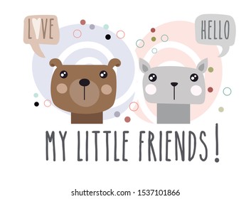 Editable vector. Drawings of small animals. Drawing of cat and dog. Color drawing of beautiful animals. Modern design of beautiful animals.