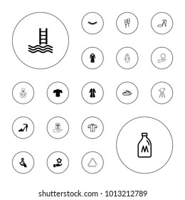 Editable vector drawn icons: eyelash, blouse, overcoat, atom in hand, milk can, heel sandals, jet ski, pool ladder, theodolite, ribbon on hand, pipette on white background.