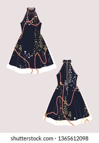 EDITABLE VECTOR DRESS MOCK-UP. FASHION DESIGN TEMPLATE FOR SHOWCASING FABRIC PATTERN. TECHNICAL ILLUSTRATION OF HALTER NECK FLARED DRESS WITH CHEETAHS AND CHAINS IN SHADES OF CORAL, 