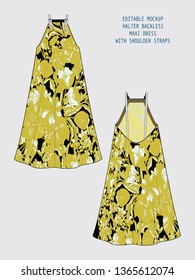 EDITABLE VECTOR DRESS MOCKUP. TEMPLATE FOR SHOWCASING FABRIC PATTERN DESIGN. TECHNICAL ILLUSTRATION OF HALTER NECK BACKLESS MAXI DRESS WITH VINTAGE FLORAL PATTERN IN SHADES OF YELLOW, OLIVE, BLACK AND