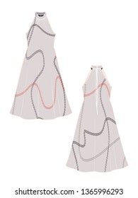 EDITABLE VECTOR DRESS MOCKUP. TEMPLATE FOR SHOWCASING FABRIC PATTERN DESIGN. TECHNICAL ILLUSTRATION OF HALTER NECK BACKLESS MAXI DRESS WITH CHAIN PATTERN IN SHADES OF CORAL, BLACK AND WHITE.