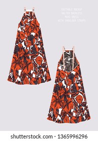 EDITABLE VECTOR DRESS MOCKUP. TEMPLATE FOR SHOWCASING FABRIC PATTERN DESIGN. TECHNICAL ILLUSTRATION OF HALTER NECK BACKLESS MAXI DRESS WITH VINTAGE FLORAL PATTERN IN SHADES OF ORANGE, OLIVE AND WHITE.