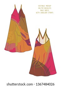 EDITABLE VECTOR DRESS MOCKUP. TEMPLATE FOR SHOWCASING FABRIC PATTERN. TECHNICAL ILLUSTRATION OF DEEP V NECK BACKLESS MAXI DRESS WITH OVERSIZED FLORAL PATTERN IN SHADES OF ORANGE, OLIVE, CORAL.