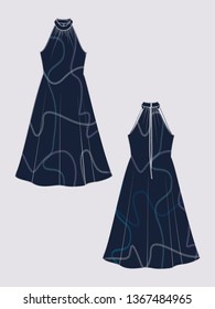 EDITABLE VECTOR DRESS MOCKUP. TEMPLATE FOR SHOWCASING FABRIC PATTERN DESIGN. TECHNICAL ILLUSTRATION OF HALTER NECK FLARED DRESS WITH CHAIN PATTERN IN SHADES OF LILAC, GREEN, BLACK AND WHITE.