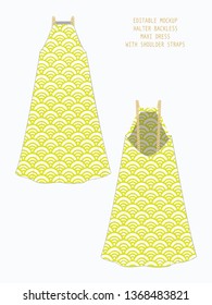 EDITABLE VECTOR DRESS MOCKUP. TEMPLATE FOR SHOWCASING FABRIC PATTERN DESIGN. TECHNICAL ILLUSTRATION OF HALTER NECK BACKLESS MAXI DRESS WITH WAVES PATTERN IN SHADES OF YELLOW AND WHITE.