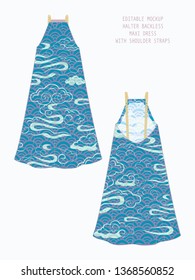 EDITABLE VECTOR DRESS MOCKUP. TEMPLATE FOR SHOWCASING FABRIC PATTERN DESIGN. TECHNICAL ILLUSTRATION OF HALTER NECK BACKLESS MAXI DRESS WITH WAVES PATTERN IN SHADES OF BLUE, YELLOW AND PURPLE.