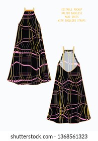 EDITABLE VECTOR DRESS MOCKUP. TEMPLATE FOR SHOWCASING FABRIC PATTERN DESIGN. TECHNICAL ILLUSTRATION OF HALTER NECK BACKLESS MAXI DRESS WITH WARPED PLAID PATTERN IN SHADES OF YELLOW, PINK AND BLACK