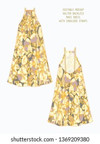 EDITABLE VECTOR DRESS MOCKUP. TEMPLATE FOR SHOWCASING FABRIC PATTERN DESIGN. TECHNICAL ILLUSTRATION OF BACKLESS MAXI DRESS WITH VINTAGE FLORAL PATTERN IN SHADES OF YELLOW, LILAC, GREY AND CREAM