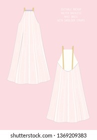 EDITABLE VECTOR DRESS MOCKUP. TEMPLATE FOR SHOWCASING FABRIC PATTERN DESIGN. TECHNICAL ILLUSTRATION OF DEEP V NECK BACKLESS MAXI DRESS WITH STRIPES PATTERN IN SHADES OF YELLOW, PINK, LILAC AND WHITE.