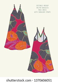 EDITABLE VEKTORILLUSTRATION DRESS MOCK UP. VORLAGE FÜR DIE AUSSTELLUNG VON FABRISCHEM PATTERN-DESIGN. TECHNISCHE ILLUSTRATION VON DEEP V NECK HINTERGRUND MIT VINTAGE-BLUMENPATTERN IN ORANGE, LILAC, GRÜN,